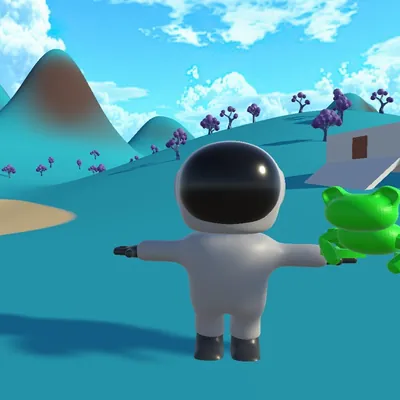 Off World video game cover image with astronaut holding a frog on mountains.